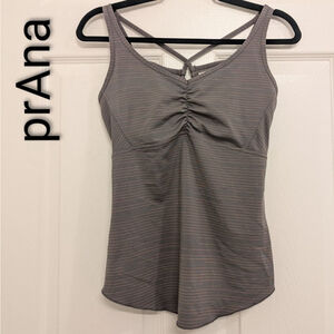 Women's prAna Gray Pink Striped Dreaming Tank Top S strappy yoga dreamcatcher